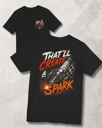 Black t-shirt with graphic design and 'That'll create a spark' text on a textured gray background