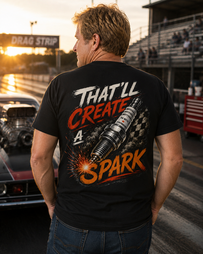 Man wearing a black t-shirt with a spark plug graphic and 'THAT'LL CREATE A SPARK' text on the back at a drag strip
