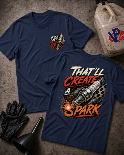 Two navy blue t-shirts displayed flat on a textured gray surface, showing the front and back graphics. The front features a small 'Old Sparky' logo on the left chest, and the back features a large graphic reading 'THAT'LL CREATE A SPARK' with a spark plug illustration and flame effect.