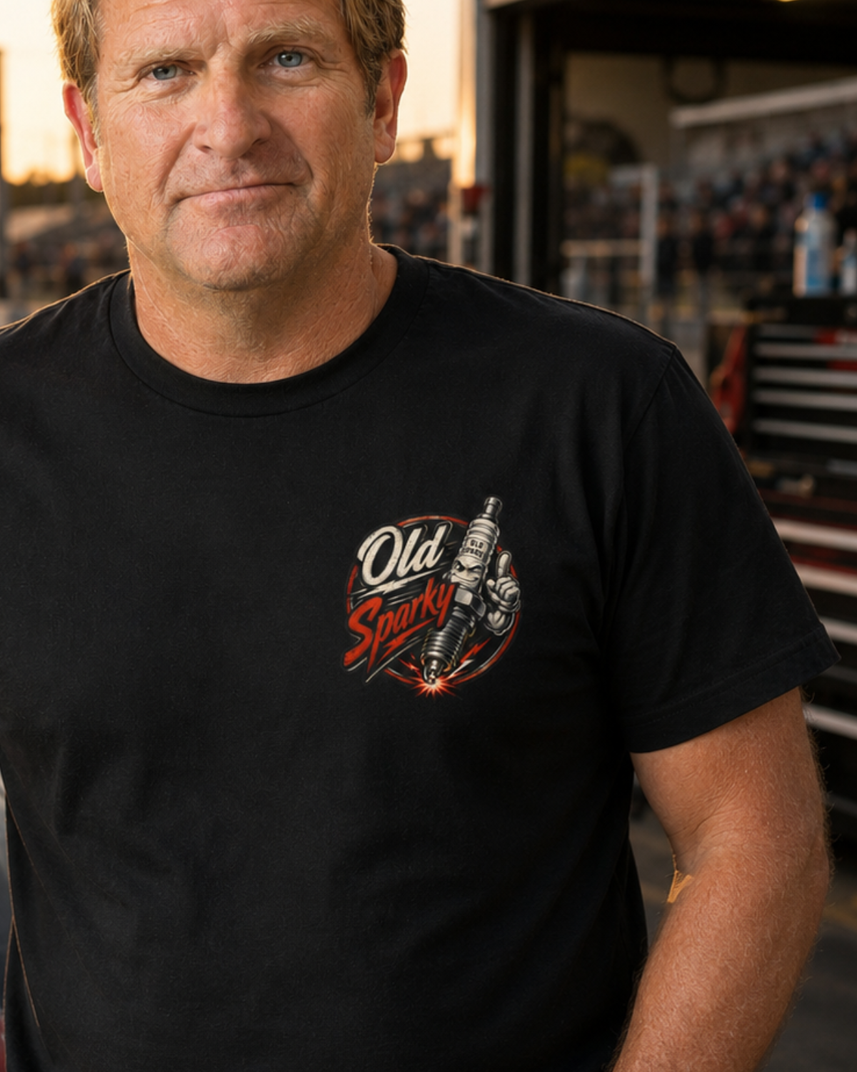 Man wearing a black t-shirt with an Old Sparky logo on the front standing in a pit crew area at a drag strip