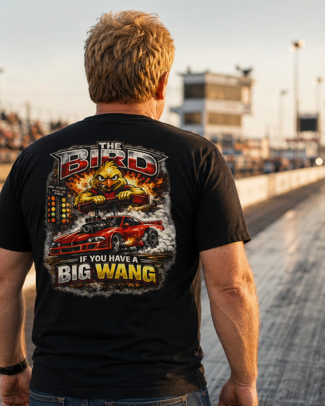 Person wearing a black t-shirt with a graphic design of a car and 'THE BIRD IF YOU HAVE A BIG WANG' text, standing on a track.