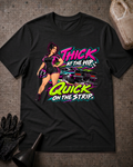 Black T-shirt laid flat with a woman holding a racing helmet beside a drag car and neon lettering reading “Thick at the Hip. Quick on the Strip.”
