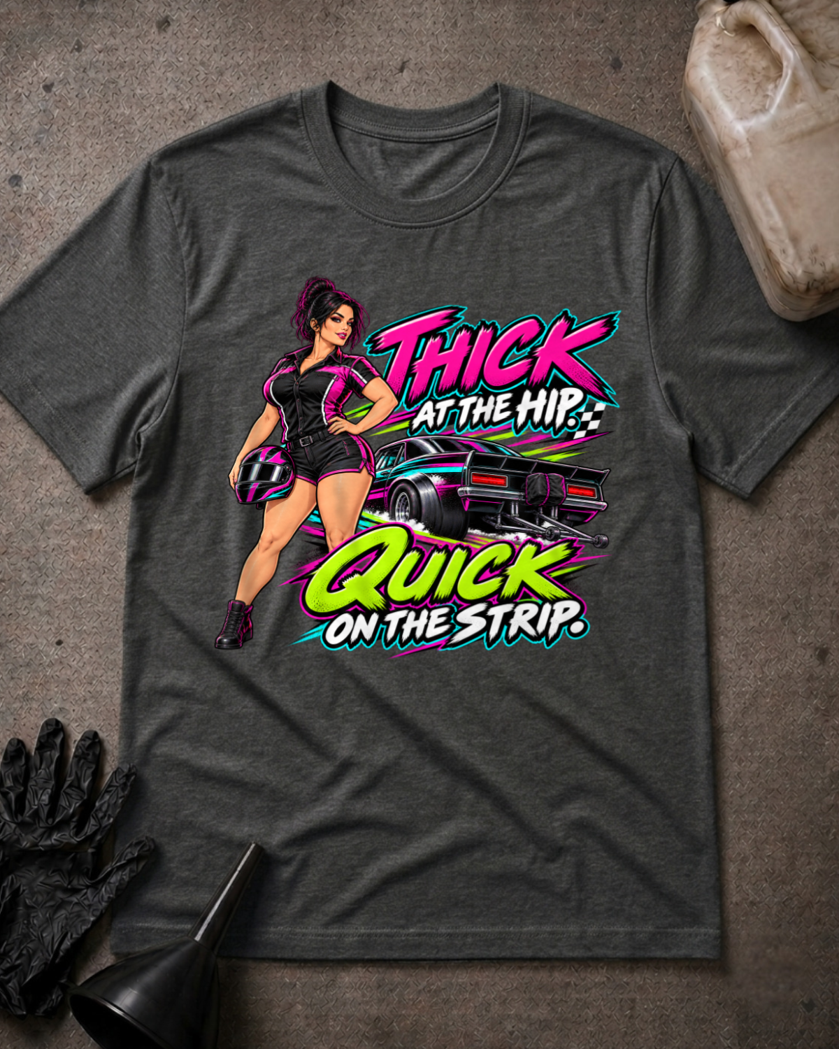 Dark grey heather T-shirt laid flat with a woman holding a racing helmet beside a drag car and neon lettering reading “Thick at the Hip. Quick on the Strip.”