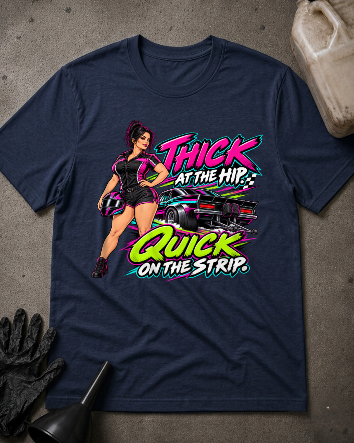 Navy T-shirt laid flat with a woman holding a racing helmet beside a drag car and neon lettering reading “Thick at the Hip. Quick on the Strip.”