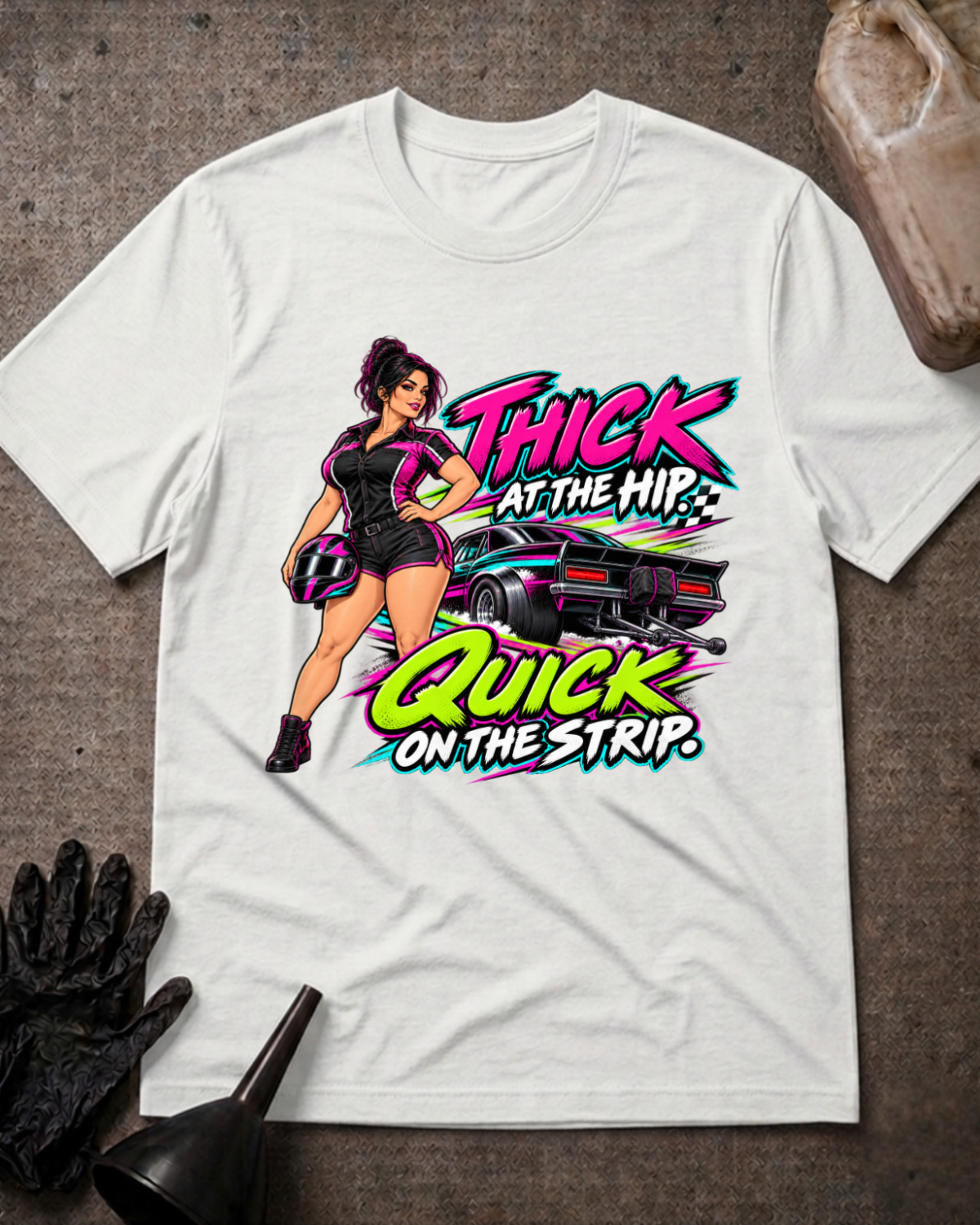 White T-shirt laid flat with a woman holding a racing helmet beside a drag car and neon lettering reading “Thick at the Hip. Quick on the Strip.”