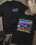 Black Tom, Dick and Hairy's Holeshot T-shirt, front and back views with small chest logo and large neon drag car, starting lights and deep-staging joke on back