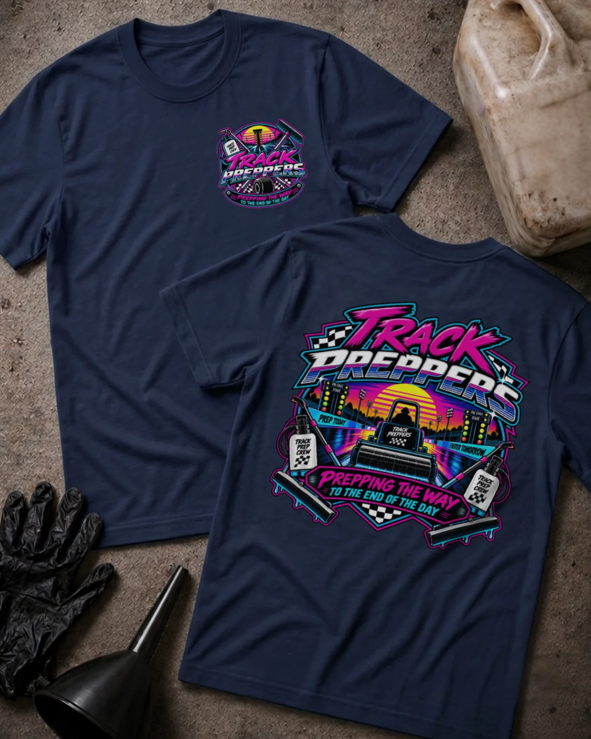 Front and back of Track Preppers navy T-shirt with chest logo, track preparation equipment against a neon sunset, and “Prepping the way to the end of the day” slogan.