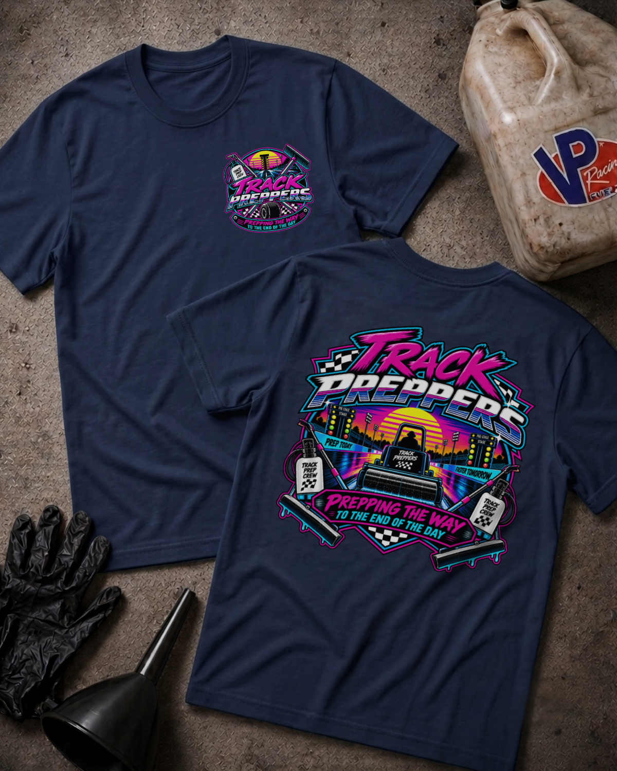 Two navy blue graphic t-shirts displayed flat on a textured concrete surface, surrounded by motorcycle-themed props including a gas can, gloves, and a funnel. The front shirt features a small circular logo on the left chest, while the back shirt displays a large, colorful retro-style graphic with the text 'Track Preppers' and 'Prepping The Way To The End Of The Day'.