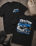 Front and back of Traction Is an Illusion black T-shirt with chest logo, black and blue drag car doing a burnout beside staging lights, and “Spinning is winning (technically)” slogan.