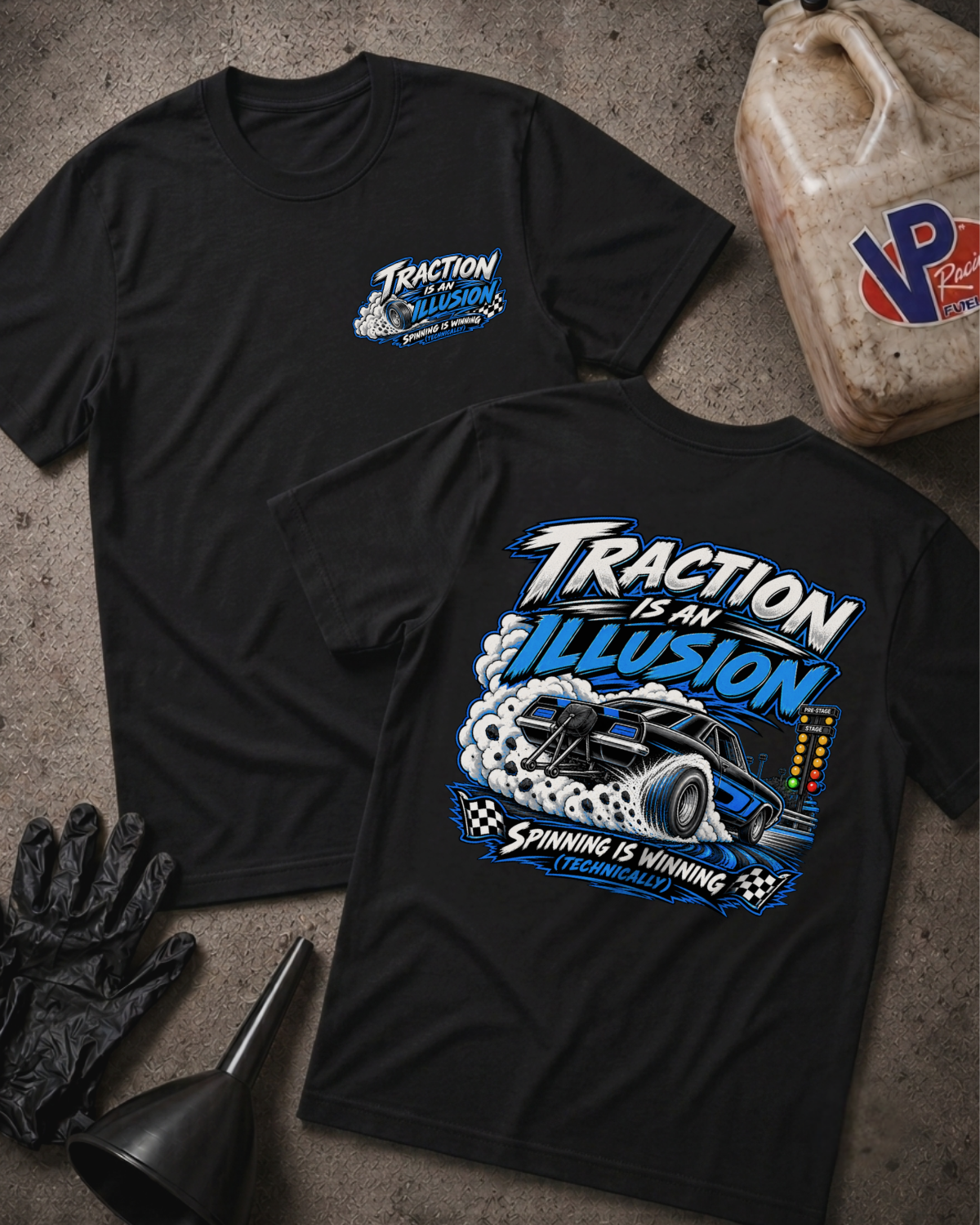 Traction Is An Illusion t-shirt in black showing front chest logo and bold back print of a spinning drag car with text 'Spinning Is Winning (Technically)'