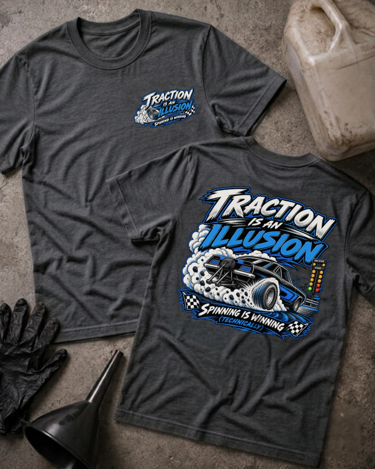 Front and back of Traction Is an Illusion dark grey heather T-shirt with chest logo, black and blue drag car doing a burnout beside staging lights, and “Spinning is winning (technically)” slogan.
