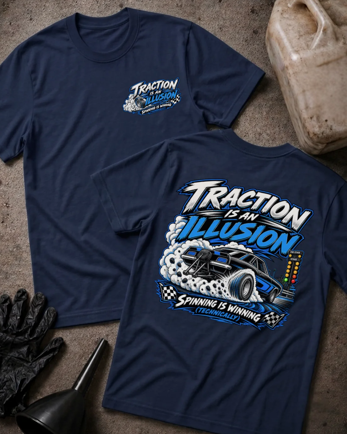 Front and back of Traction Is an Illusion navy T-shirt with chest logo, black and blue drag car doing a burnout beside staging lights, and “Spinning is winning (technically)” slogan.