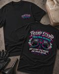Black Tramp Stamp Traction Service T-shirt, front and back views with a small chest logo and smoking racing slicks, pink and teal scrollwork, and “We leave our mark on your rear.”