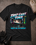 Black Tree Light Tina drag racing T-shirt, front flat lay with helmeted woman racer, starting tree showing green, and “Calm in the beams. Quick on the greens.”