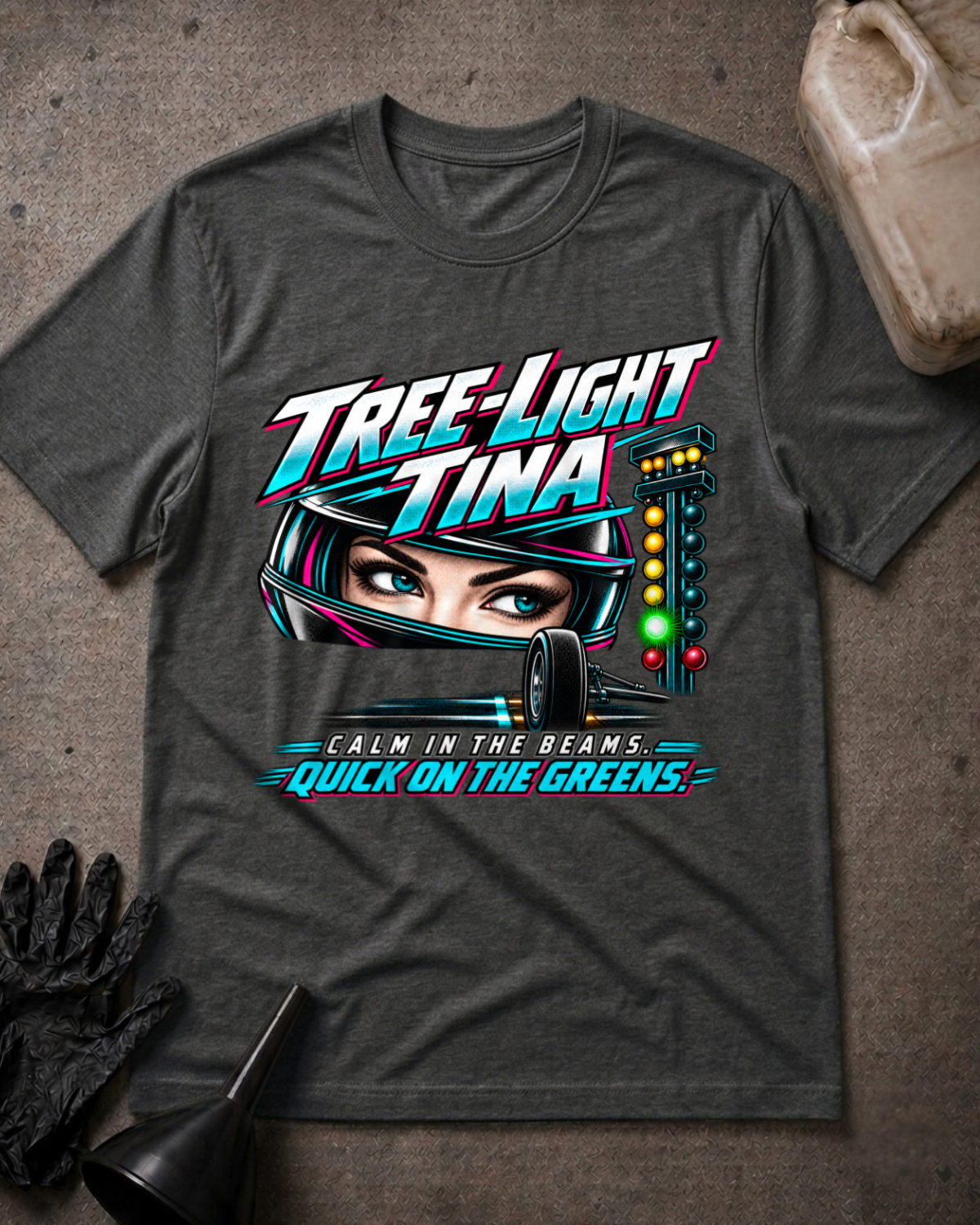 Dark Grey Heather Tree Light Tina drag racing T-shirt, front flat lay with helmeted woman racer, starting tree showing green, and “Calm in the beams. Quick on the greens.”