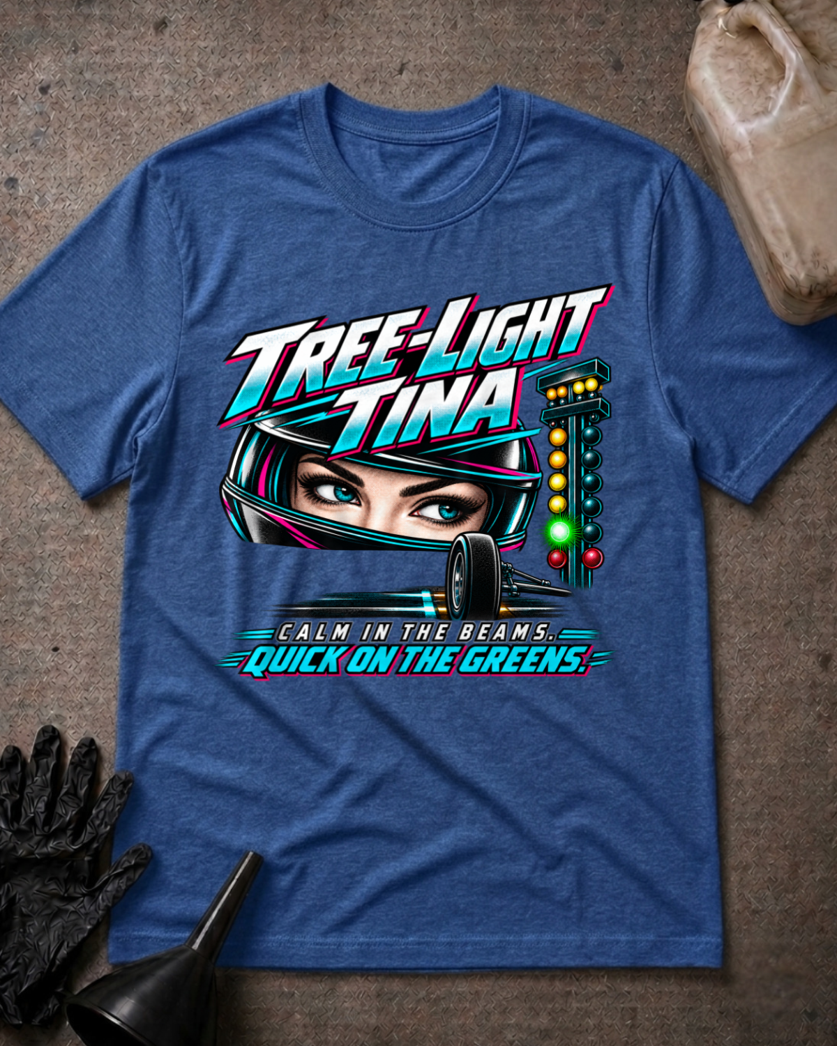 Heather True Royal Tree Light Tina drag racing T-shirt, front flat lay with helmeted woman racer, starting tree showing green, and “Calm in the beams. Quick on the greens.”