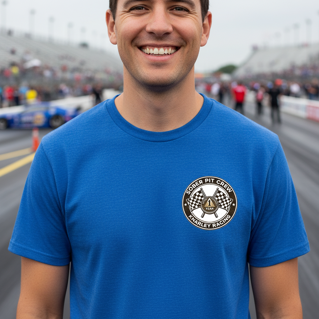 Man wearing a blue t-shirt with a 'Sober Pit Crew Knarley Racing' logo on a race track background