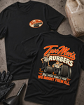 Black Two Men's Rubbers T-shirt, front and back views with oval chest logo, two cartoon mechanics beside tires, and “We mount them all” slogan.