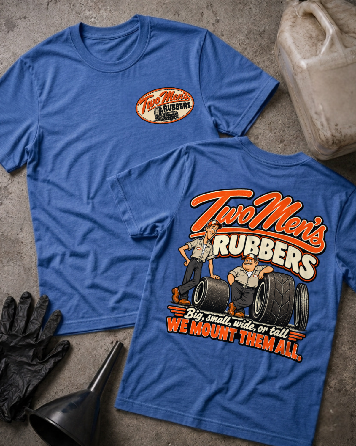 Heather True Royal Two Men's Rubbers T-shirt, front and back views showing chest logo and orange-and-cream tire-shop graphic with two mechanics and tires.