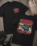 Front and back of Two-Step Tammy’s Launch Control black T-shirt with chest logo, woman holding a clipboard beside a wheelstanding teal drag car, and “Helping grown men leave responsibly. Since never.” slogan.