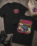 Two black graphic T-shirts laid flat on a textured concrete surface, showing front and back designs. The front has a small 'Two-Step Tammy's Launch Control Counseling' chest logo, and the back has a large colorful illustration with a woman, a drag car doing a burnout, and the text 'Helping grown men leave responsibly... since never.'