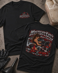  Black Wastegate Kate Boost Control T-shirt with a small front chest logo and a large back graphic of Kate, a turbocharged drag car, and a boost gauge.
