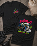 Front and back of Watch This black T-shirt with chest logo, turbocharged drag car beside staging lights, and “The official last words before a new personal best” slogan.