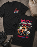 Front and back of Wendy Wheeliebar’s Bad Advice Hotline black T-shirt with chest logo, woman on a phone seated on wheelie bars, wheelstanding drag car, and “Call before you lift” slogan.