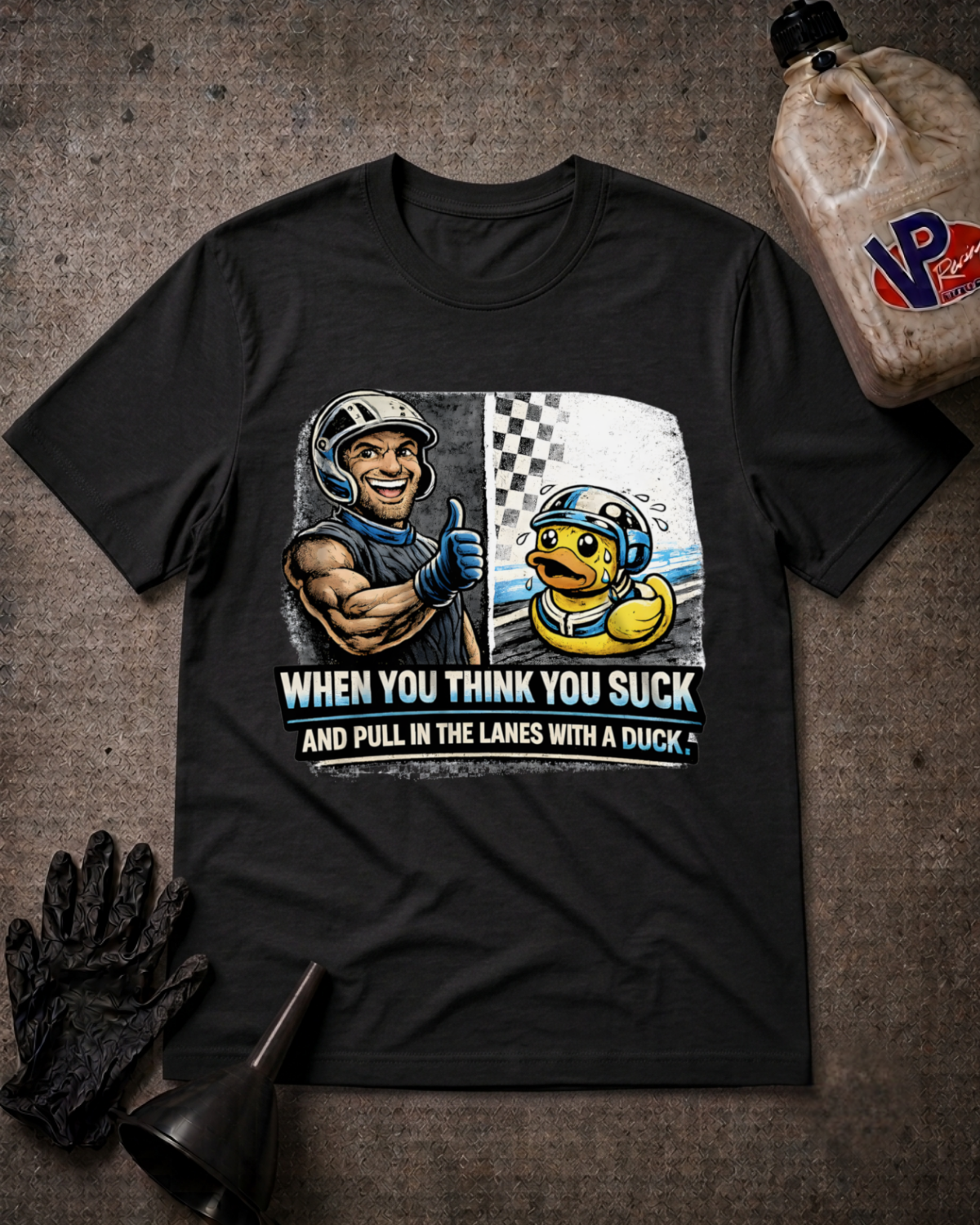 A black graphic t-shirt laid flat on a textured dark gray surface, styled with a race car driver, a duck in a helmet, and the text 'WHEN YOU THINK YOU SUCK AND PULL IN THE LANES WITH A DUCK'. A bottle, gloves, and funnel are placed around it as props.