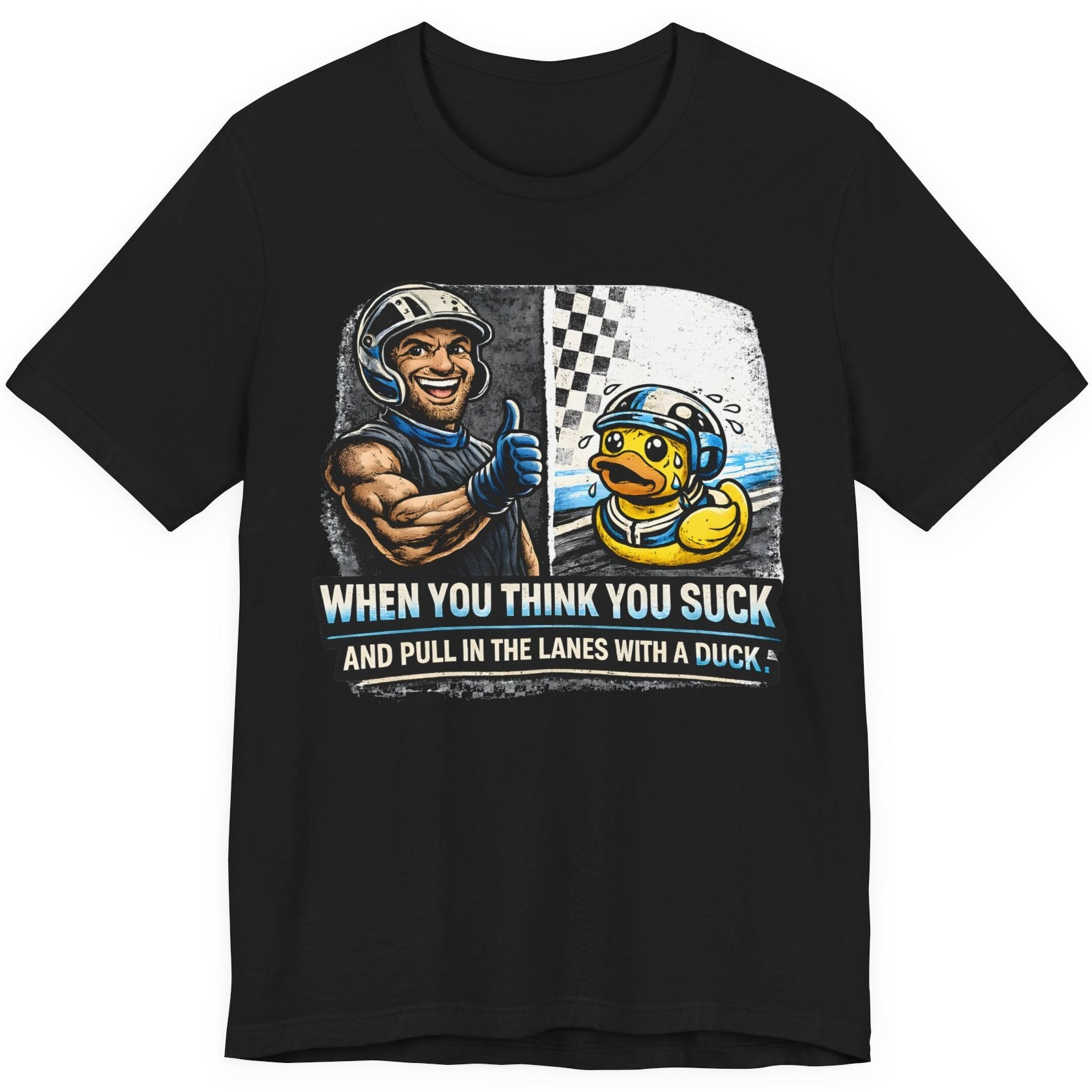 Black t-shirt with a graphic of a race car driver and duck, with text on a white background