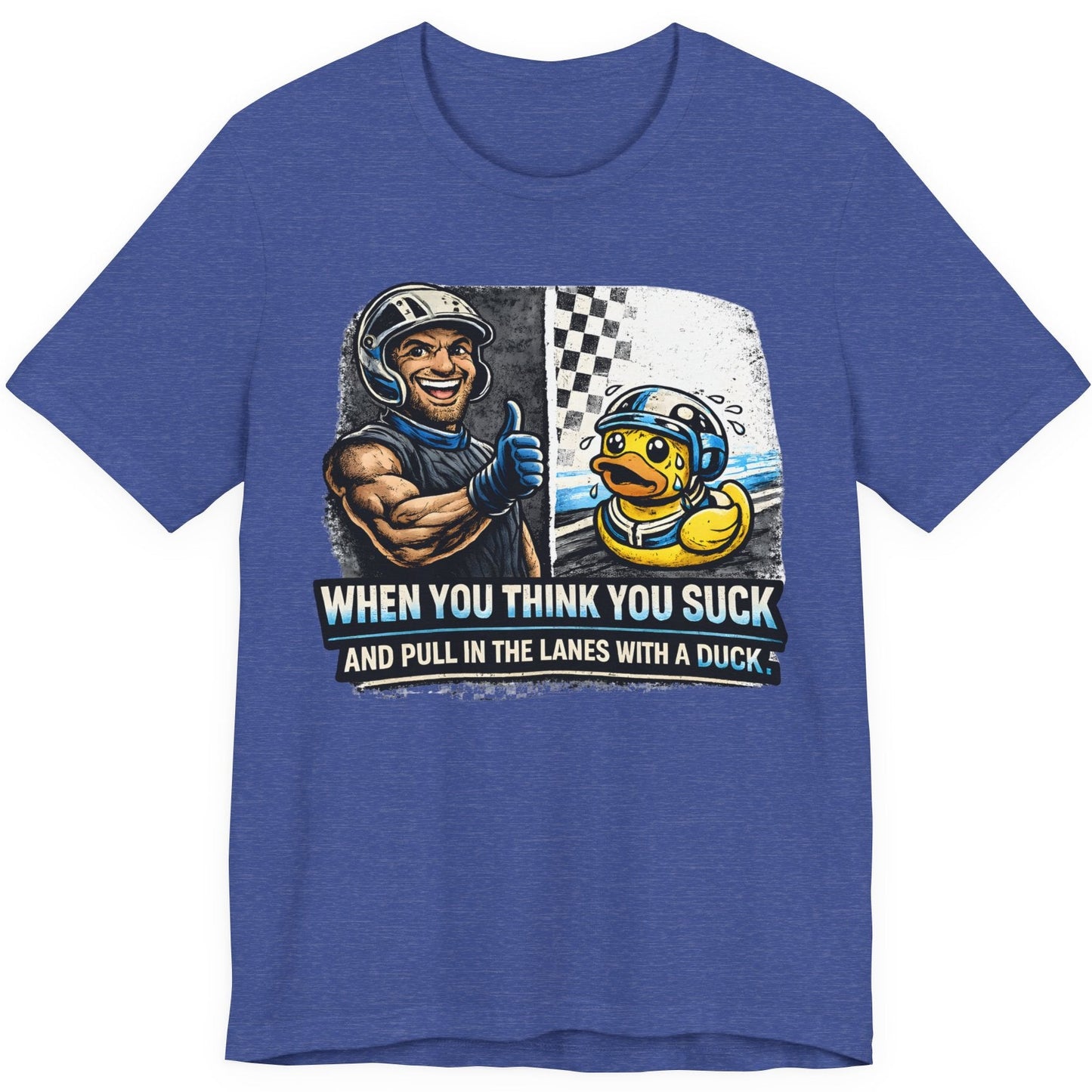 Heather true royal t-shirt with a graphic of a race car driver and duck, and text on a white background