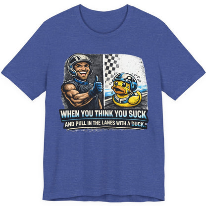 Heather true royal t-shirt with a graphic of a race car driver and duck, and text on a white background