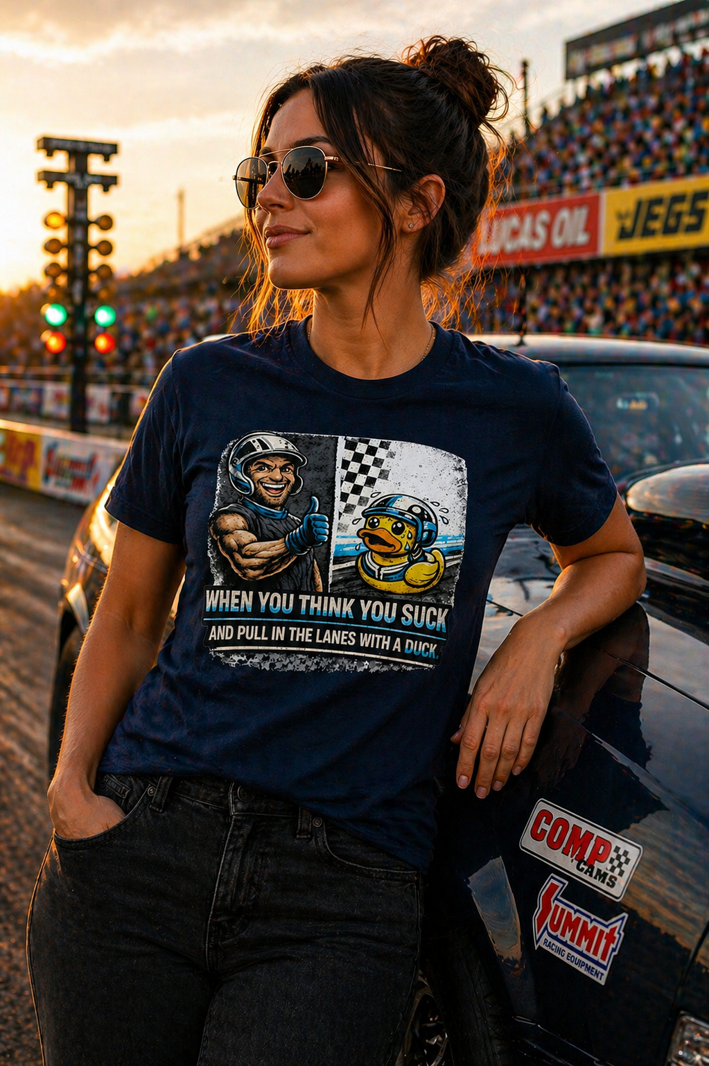 Woman wearing a navy graphic t-shirt at a race track with various sponsor banners in the background.