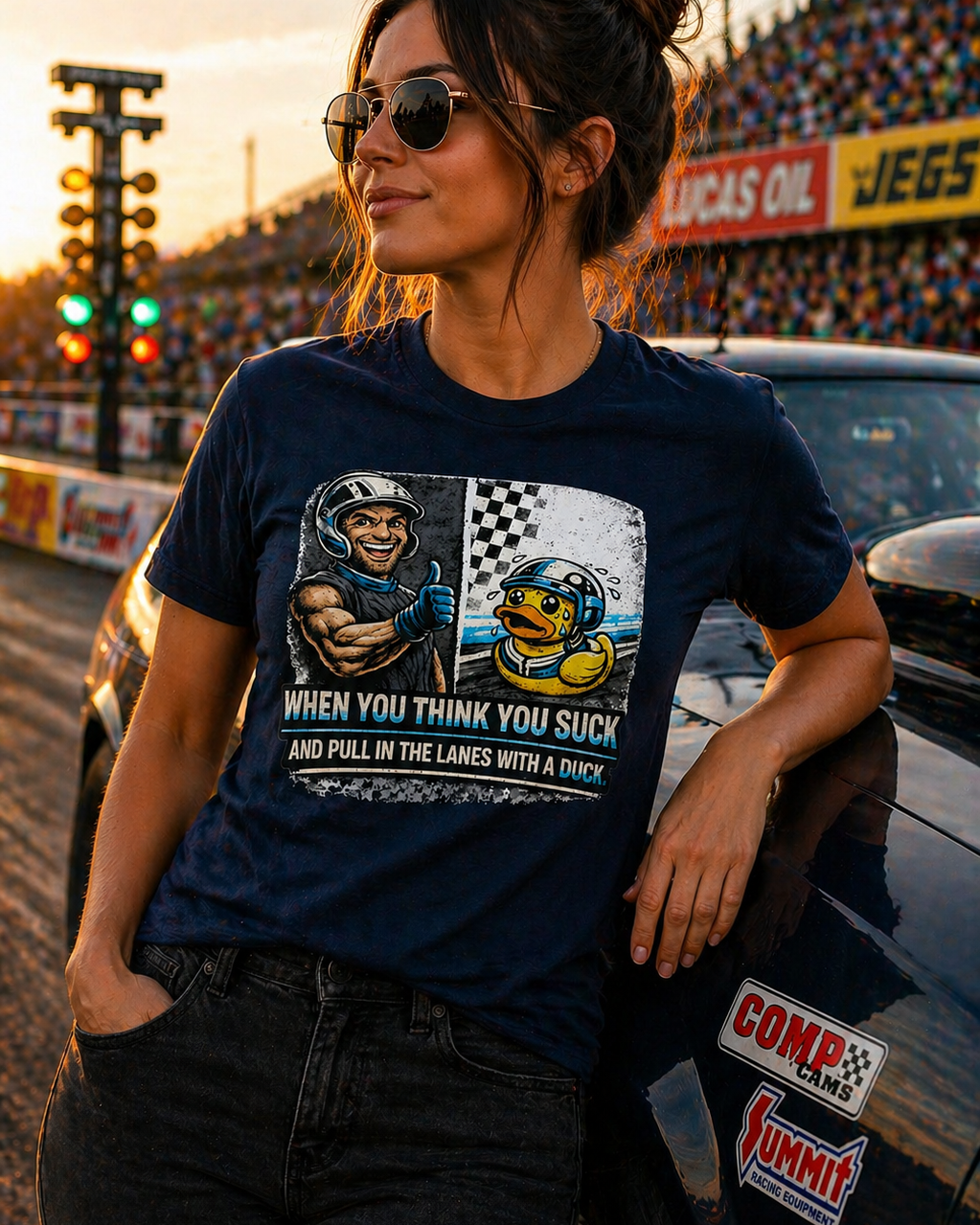 Woman wearing a navy graphic t-shirt at a race track with various sponsor banners in the background.