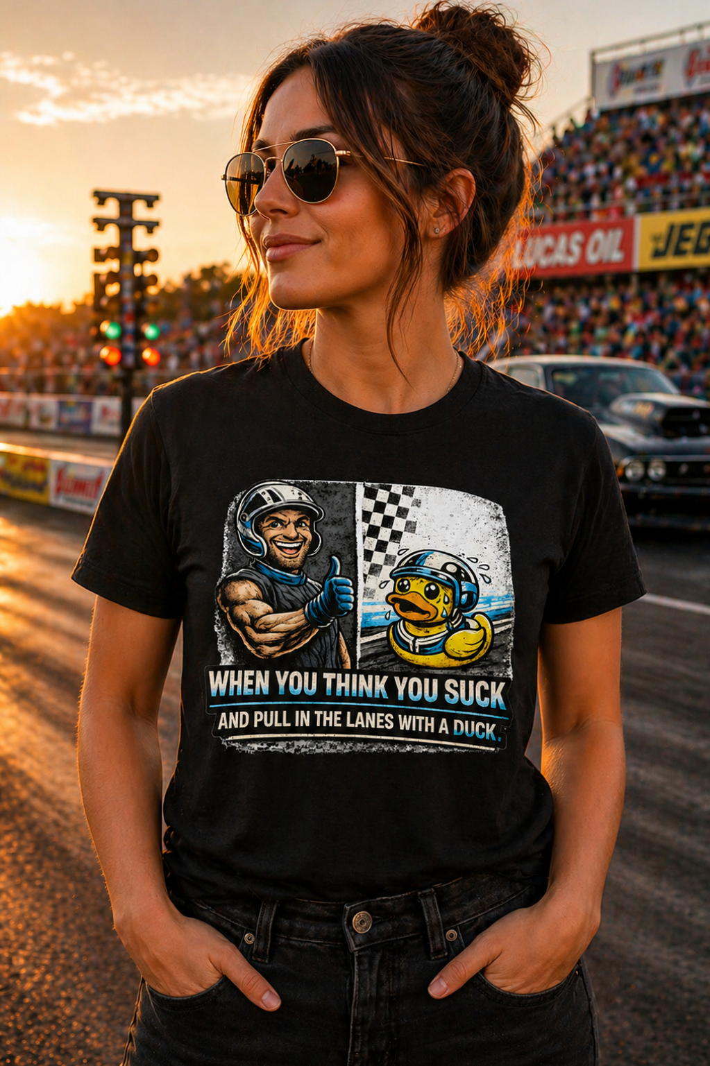 Woman wearing a black t-shirt with a graphic design and text, standing on a race track at sunset.
