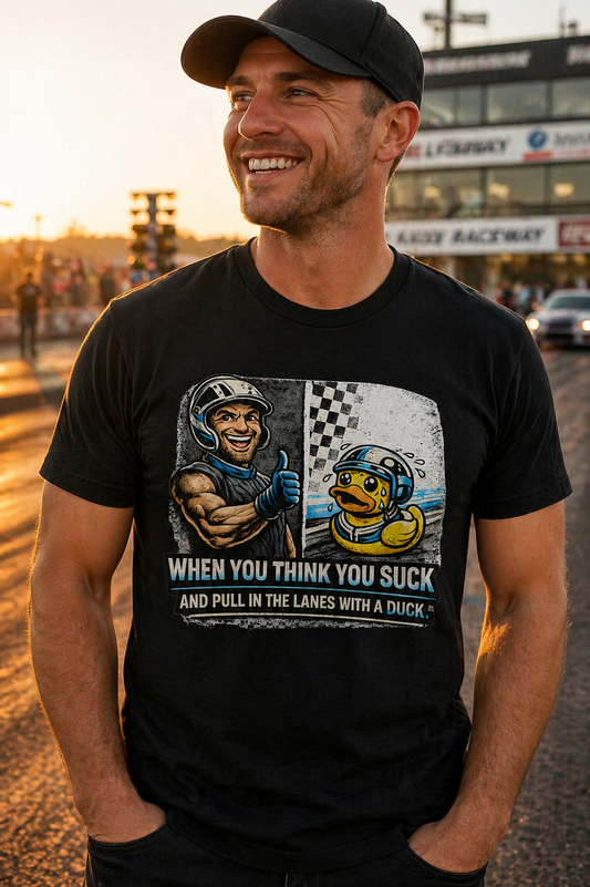 Man wearing a black t-shirt with a graphic design and text, standing outdoors.