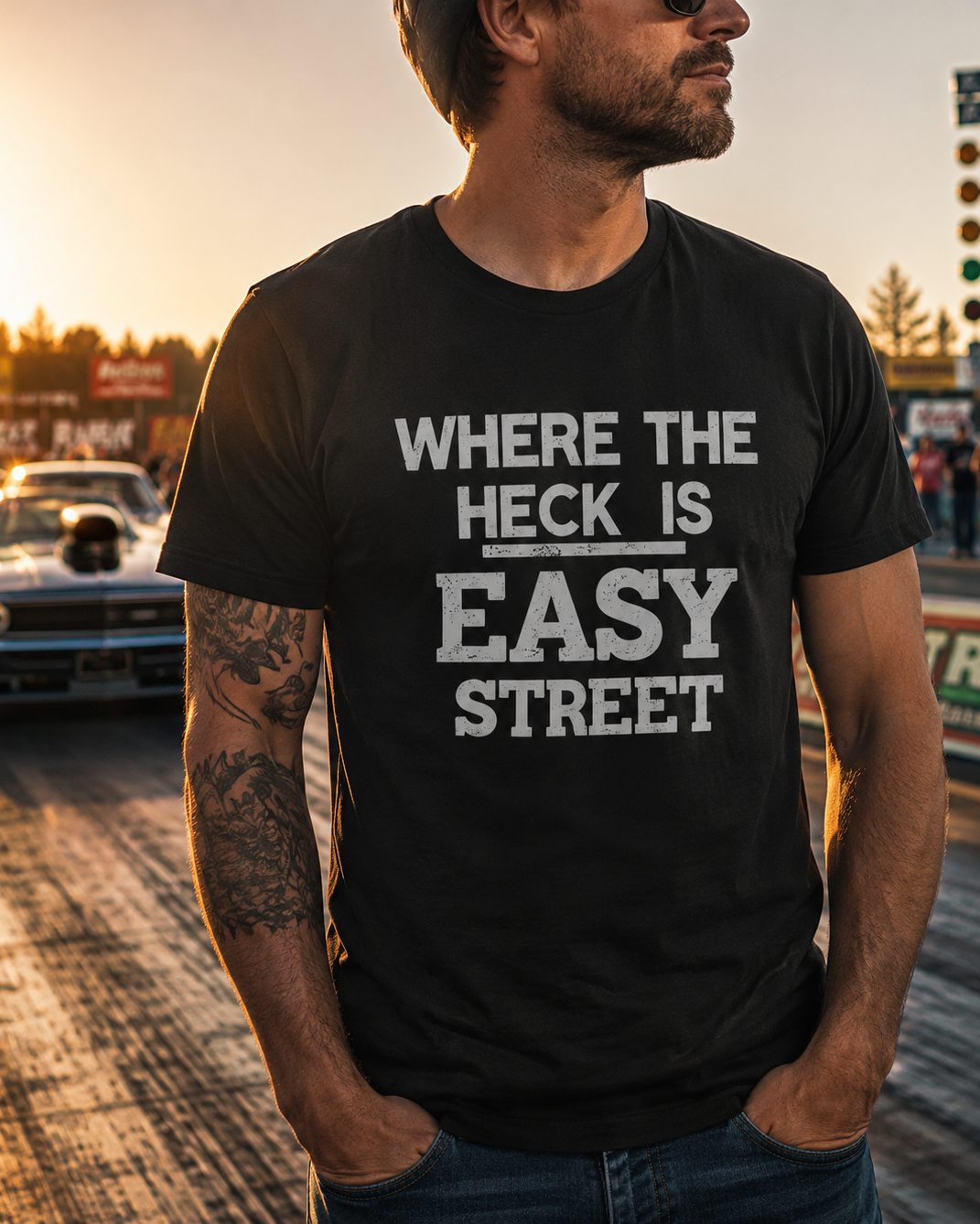 A man wearing a black t-shirt with distressed text 'WHERE THE HECK IS EASY STREET,' standing on a drag strip