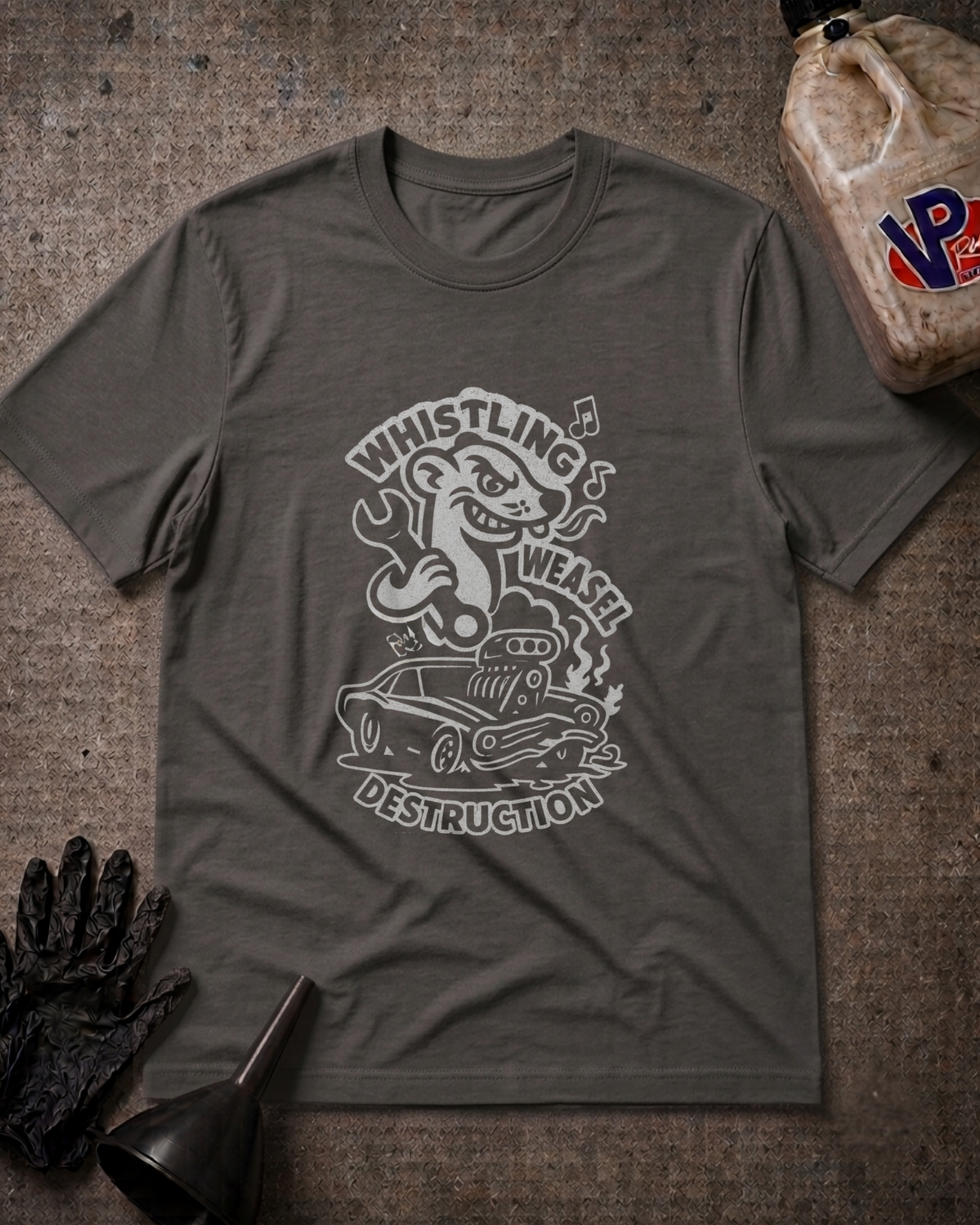 A dark gray crewneck t-shirt with a white graphic print of a cartoon weasel driving a car and the words 'Whistling Weasel Destruction'. The shirt is laid flat on a textured gray surface with automotive-themed props including a black glove, funnel, and a plastic jug.