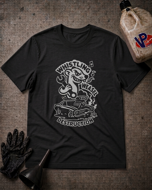 A black graphic t-shirt featuring a white cartoon illustration of a weasel driving a wrecked car with the text 'WHISTLING WEASEL DESTRUCTION'. The t-shirt is displayed in a flat-lay arrangement on a textured gray background, surrounded by automotive-themed props including a black oil filter wrench, a black glove, and a plastic jug of VP Fluid.