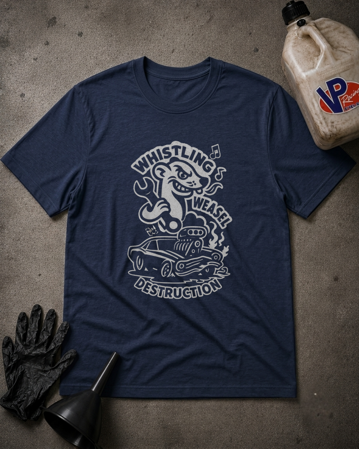 A navy blue graphic t-shirt featuring a white cartoon illustration of a weasel driving a wrecked car with the text 'WHISTLING WEASEL DESTRUCTION'. The t-shirt is displayed in a flat-lay arrangement on a textured gray background, surrounded by automotive-themed props including a black oil filter wrench, a black glove, and a plastic jug of VP Fluid.