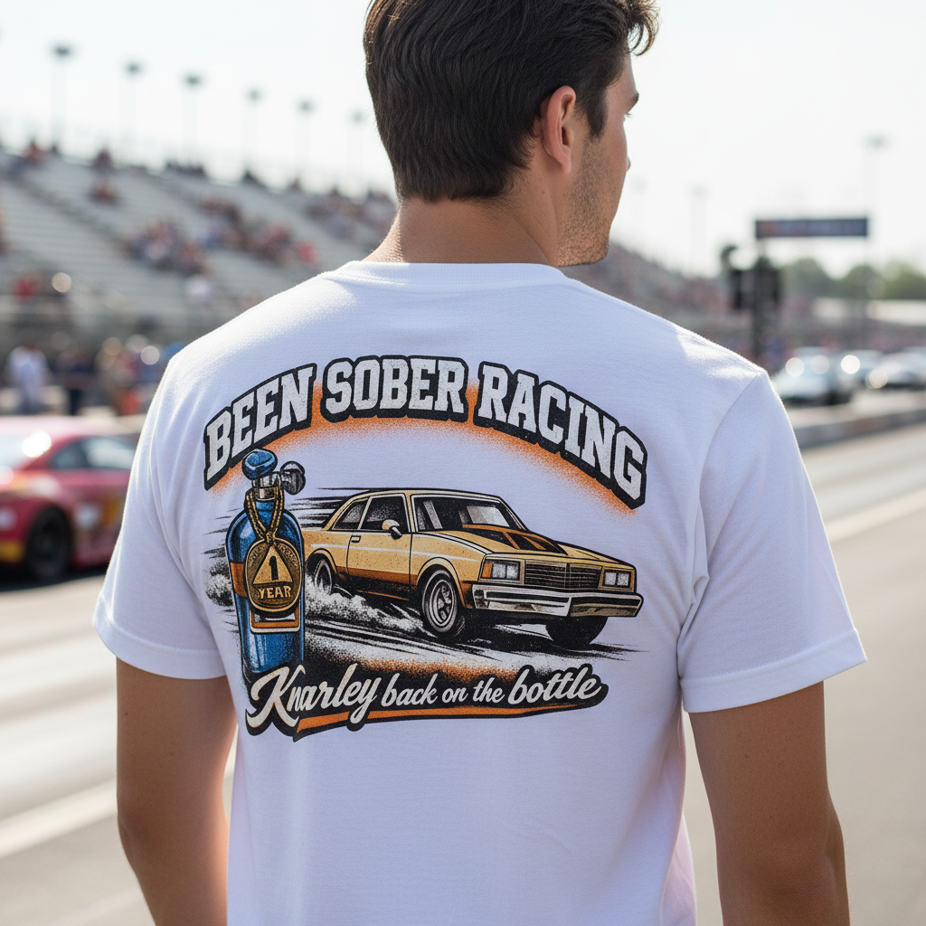 Person wearing a white t-shirt with a graphic design and 'Been Sober Racing Knarley back on the bottle' text at a race track.