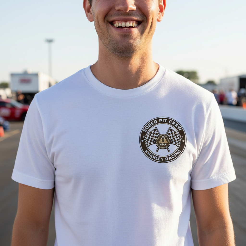 Man wearing a white t-shirt with a 'Sober Pit Crew Knarley Racing' logo on a race track