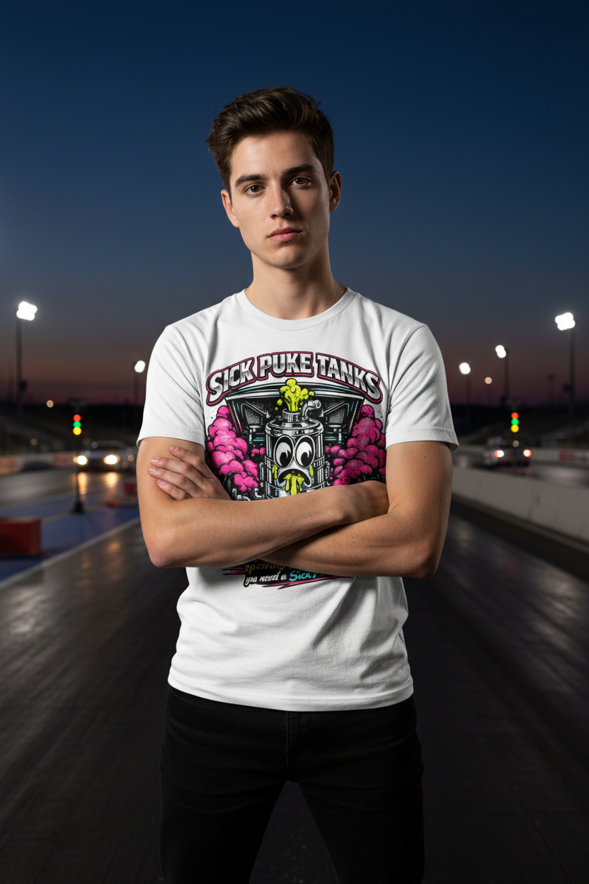 Man wearing a white t-shirt with a graphic design and 'Sick Puke Tanks When you are running hard spewing your juices you need a Sick Puke Tank' text standing on a drag strip