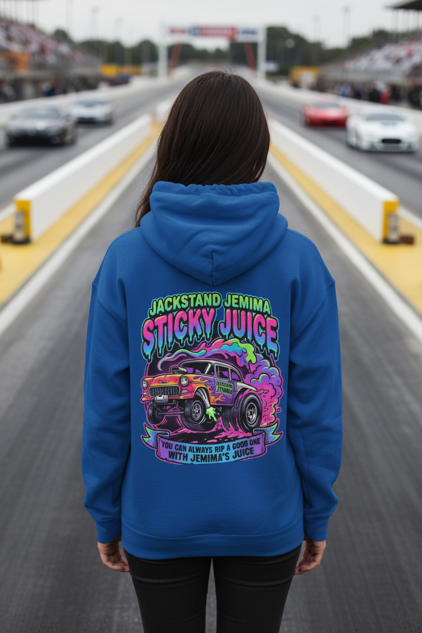 Woman wearing Jackstand Jemima hoodie at drag race track